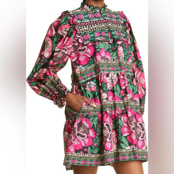 Farm Rio Dress Mini Floral Black Flower Garden Cotton Pink Swing Resort spring - Picture 9 of 9